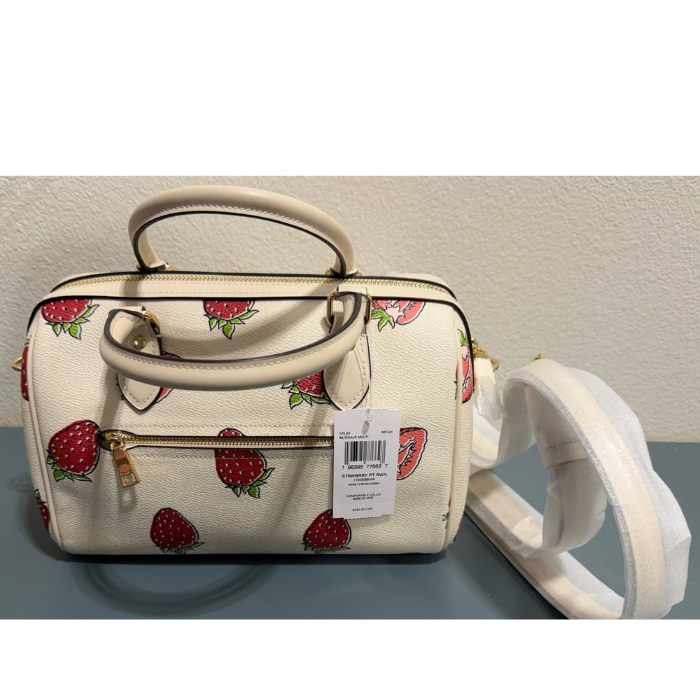 Coach Rowan Satchel Chalk Multi Strawberry Print Leather Crossbody Bag NEW - Picture 8 of 16